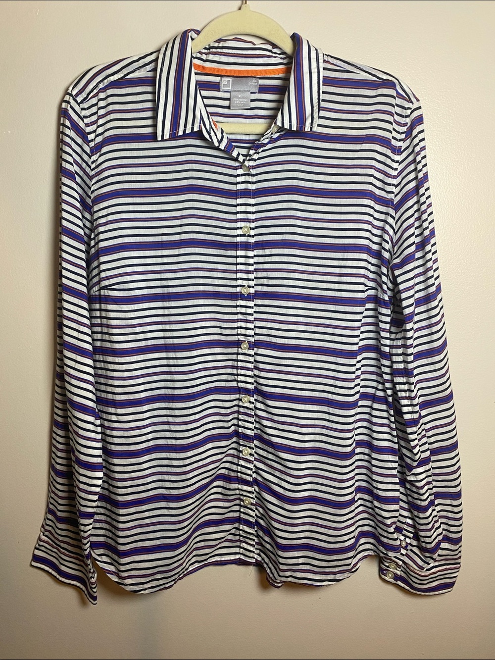 JCPenny Striped Silk Blend Long-Sleeve Button-Down Shirt Black White Blue Orange